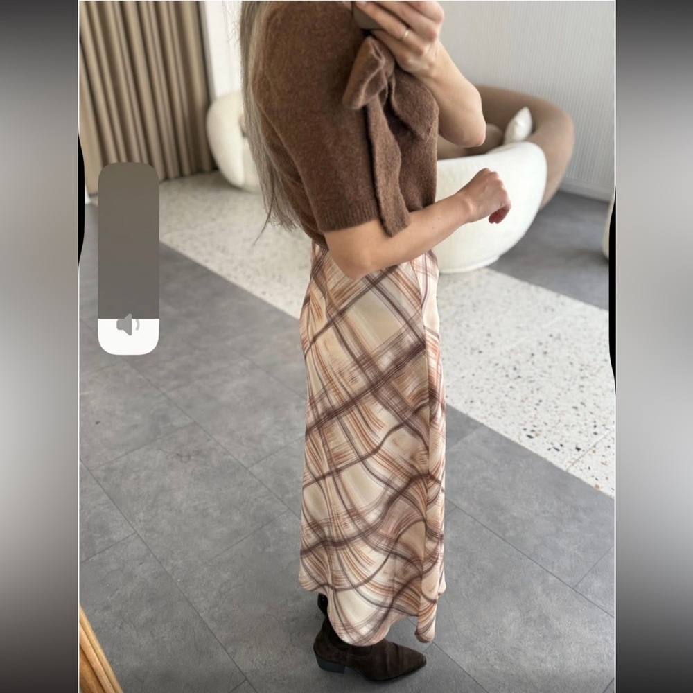 ZARA Satin Bias Cut Midi Skirt Plaid Brown Neutral XS NWT 90s Y2K Minimalist